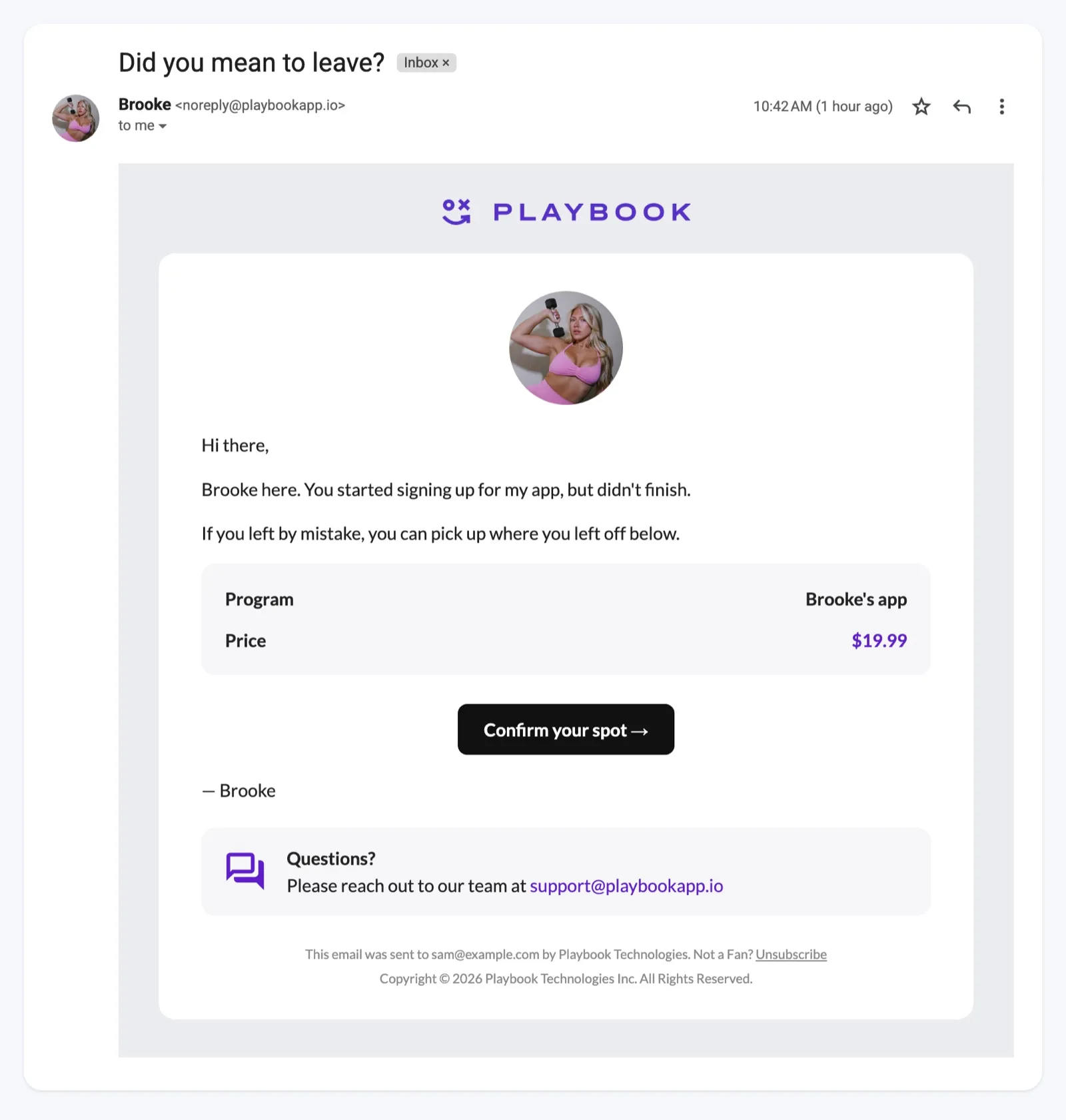 Gmail inbox showing an email from Brooke with the subject "Did you mean to leave?", a link back to checkout, and a Confirm your spot button