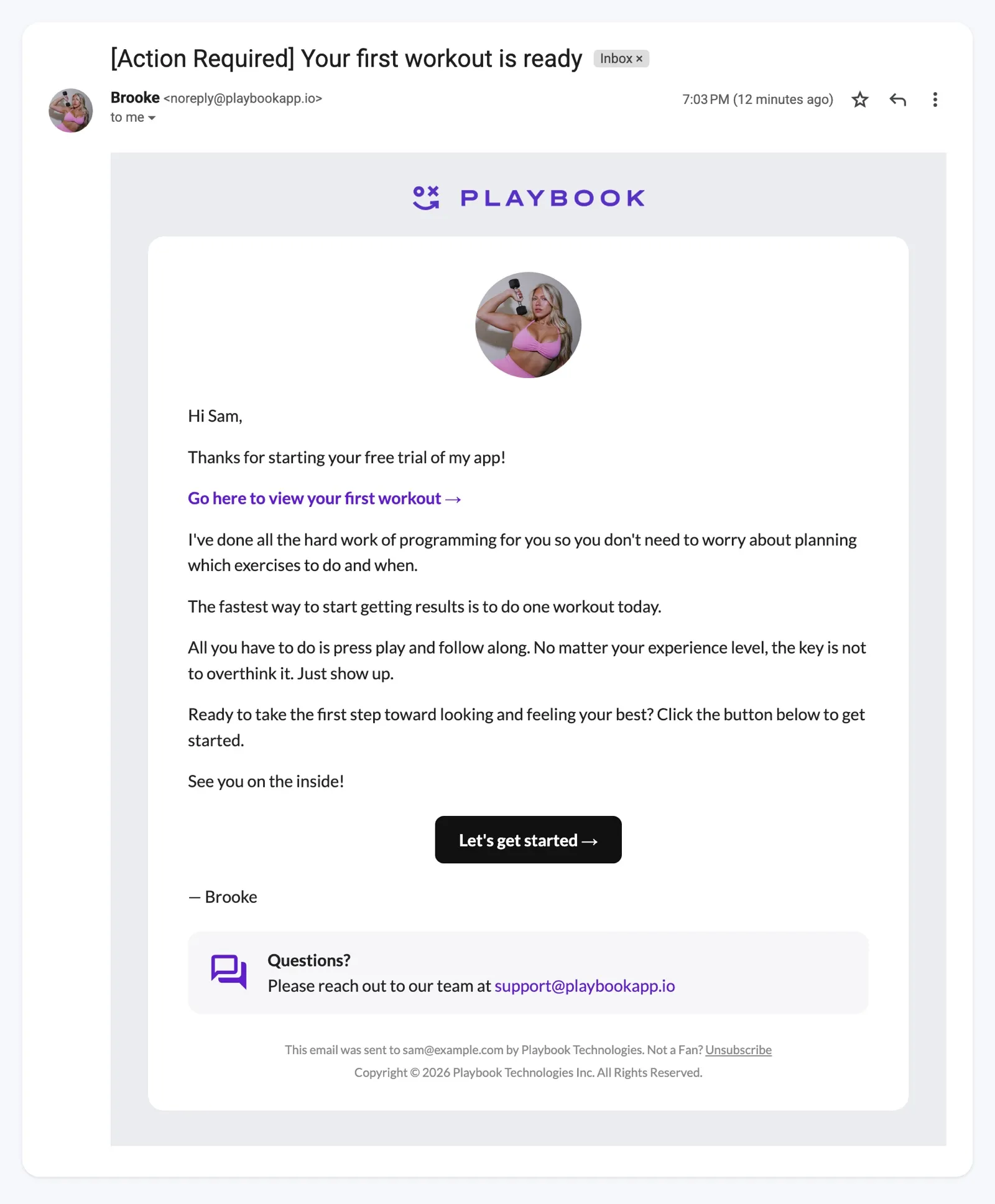 Gmail inbox showing an email from Brooke with the subject "[Action Required] Your first workout is ready" and a Let's get started button