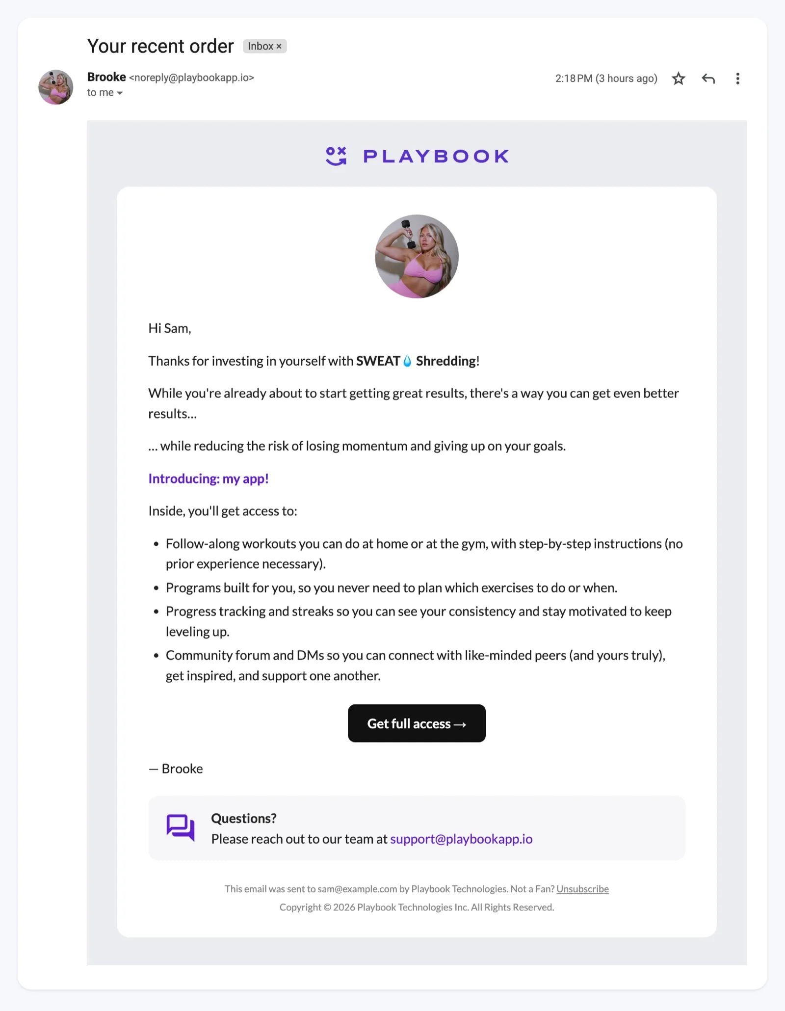 Gmail inbox showing an email from Brooke with the subject "Your recent order", thanking the buyer for SWEAT Shredding and inviting them to her app