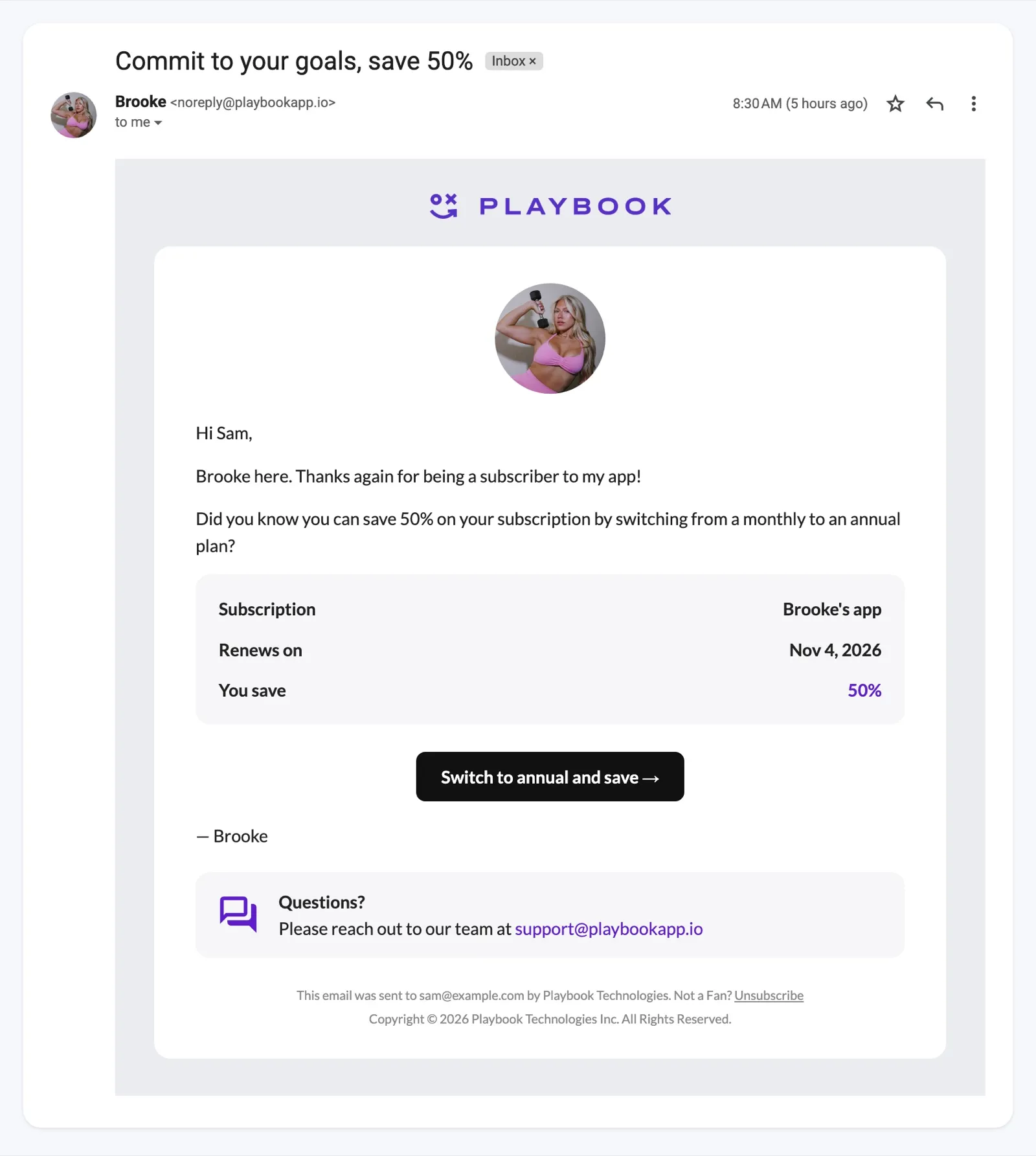Gmail inbox showing an email from Brooke with the subject "Commit to your goals, save 50%", the renewal date, and a Switch to annual and save button