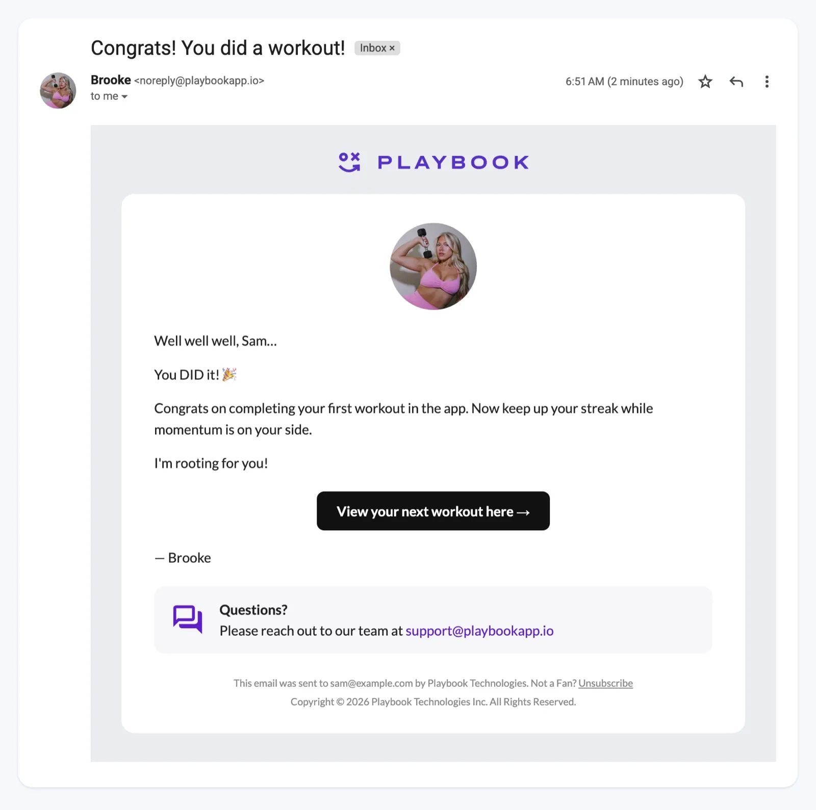 Gmail inbox showing an email from Brooke with the subject "Congrats! You did a workout!" and a View your next workout here button