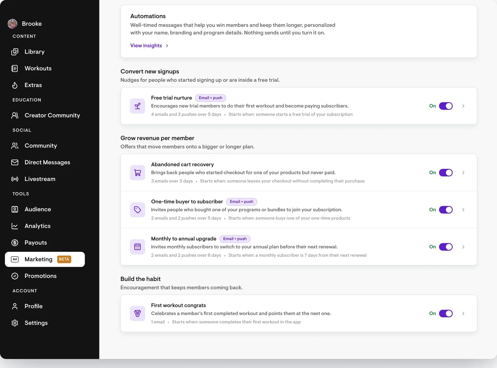 Lifecycle marketing automations in the Playbook Creator Dashboard, showing all 5 switched on