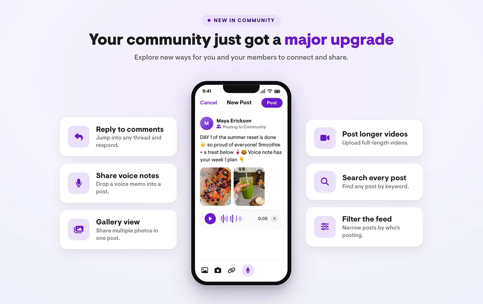 A community post being composed in the Playbook app, with voice note, gallery, and video options