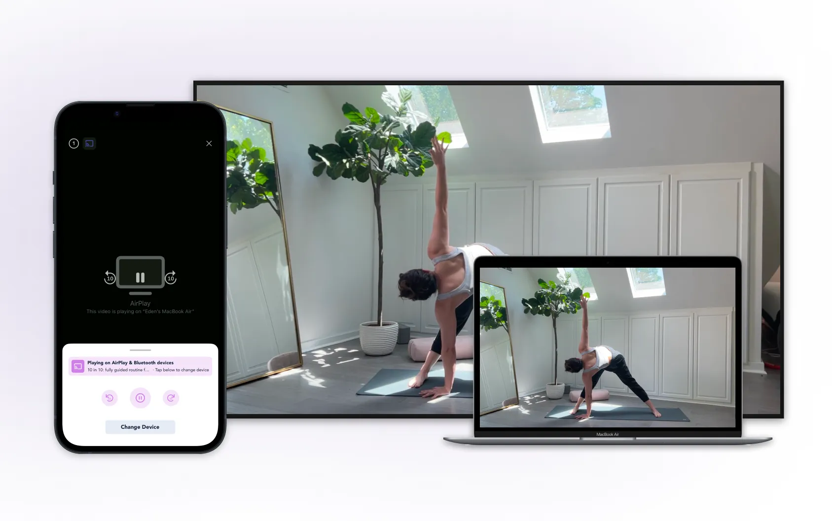 A Playbook yoga class casting from a phone to a TV and a MacBook, with the phone showing AirPlay playback controls