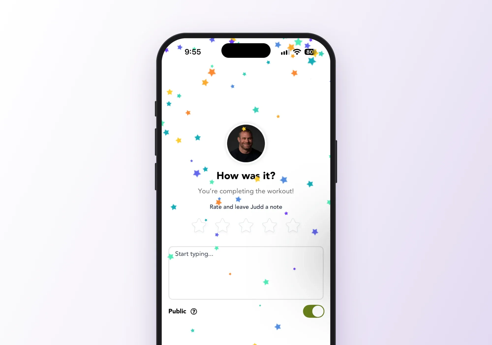 A phone showing the post-workout screen with five empty stars and a note box together under "Rate and leave Judd a note"