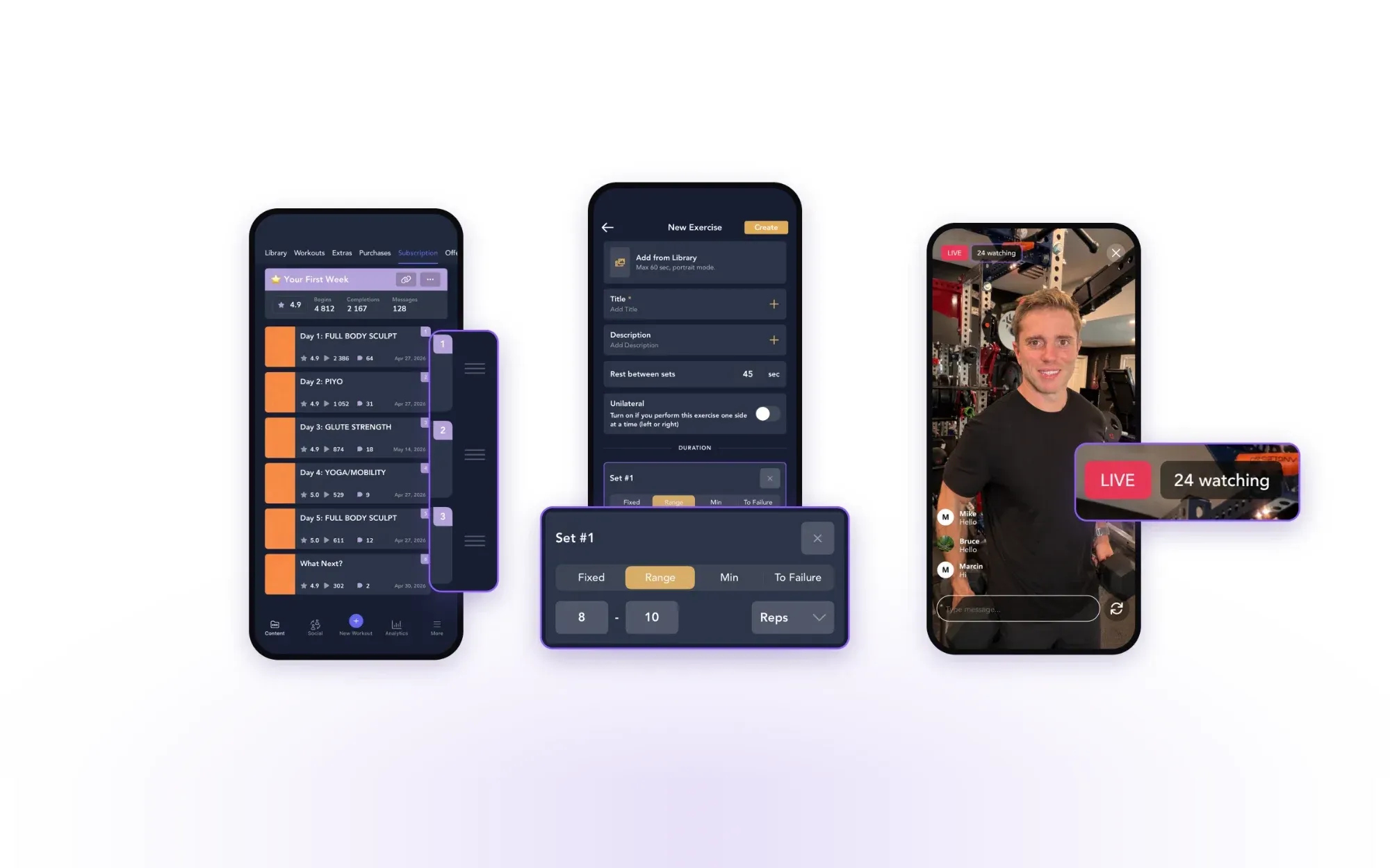 Three phone screens showing a program's workouts being dragged into a new order, a set being programmed as an 8 to 10 rep range, and a live stream with a 24 watching viewer count