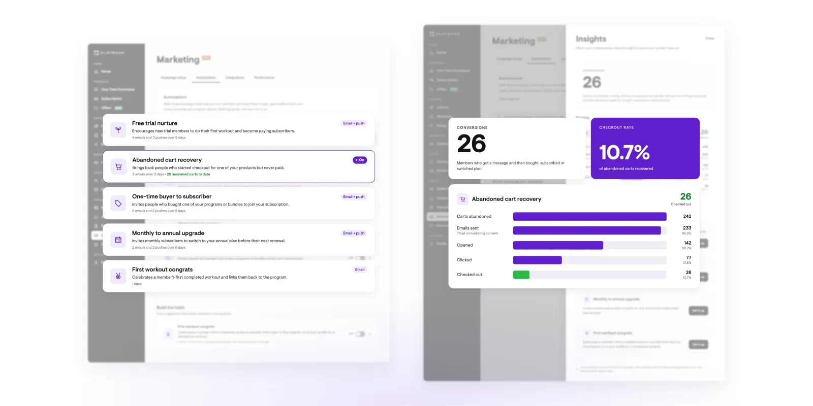 The Marketing Automations list in the Playbook dashboard beside the insights panel for abandoned cart recovery.
