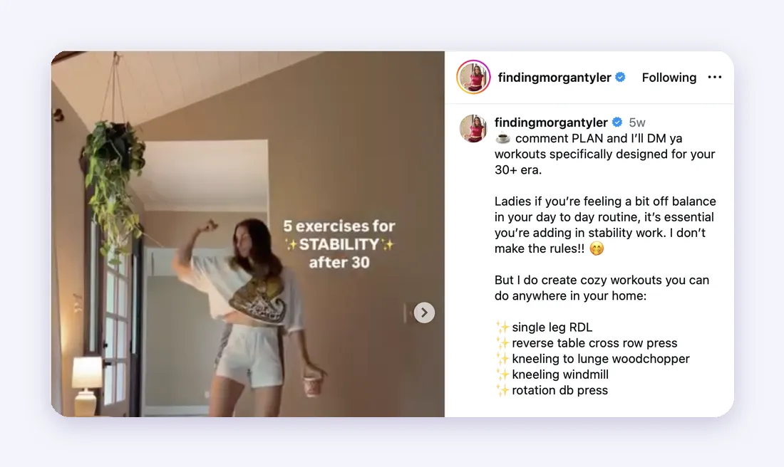 An Instagram reel from findingmorgantyler with the text 5 exercises for STABILITY after 30. The caption opens comment PLAN and I'll DM ya workouts specifically designed for your 30+ era, then lists the five exercises.