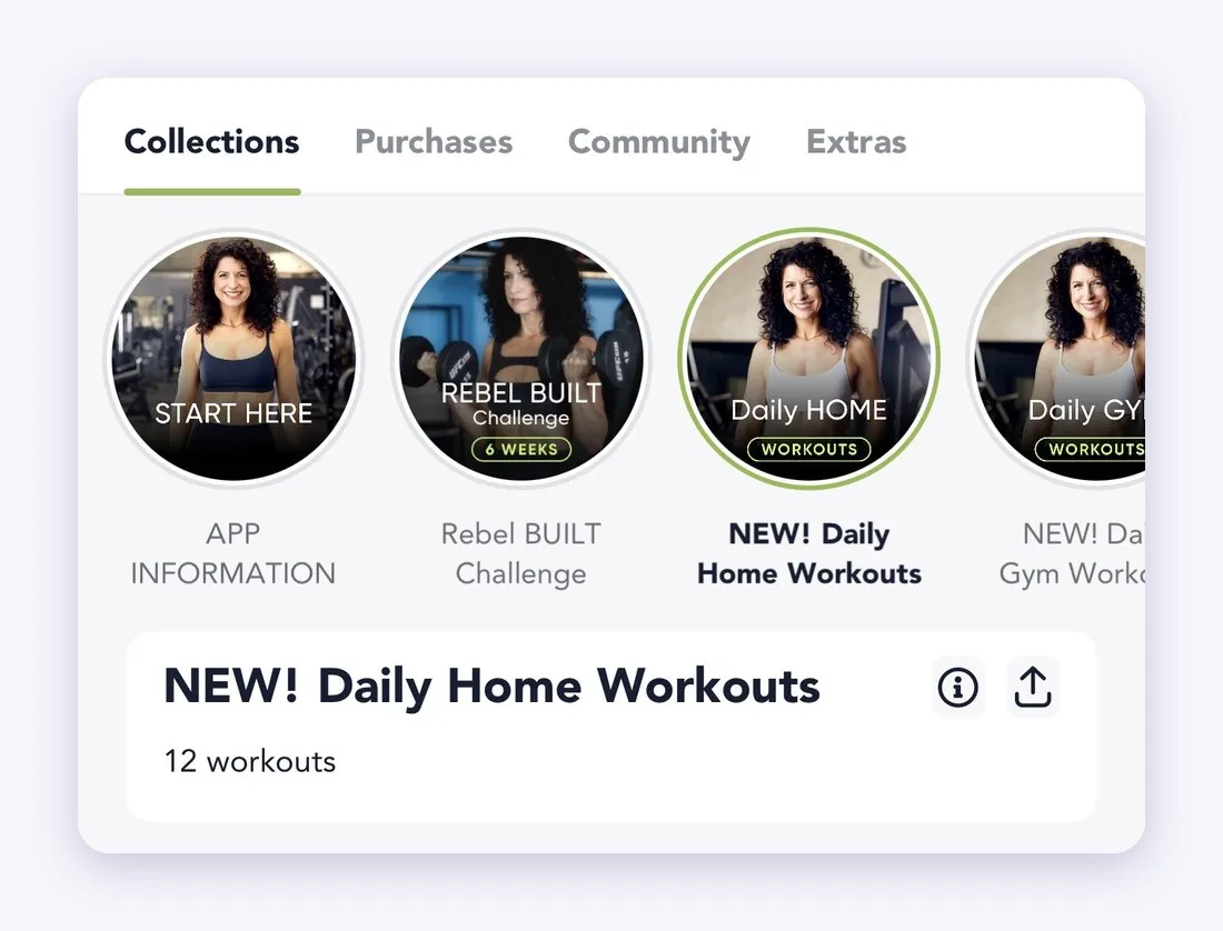 The Collections row in a creator's Playbook app. Start Here, labelled App Information, comes first, then the Rebel Built Challenge, then New Daily Home Workouts and New Daily Gym Workouts.