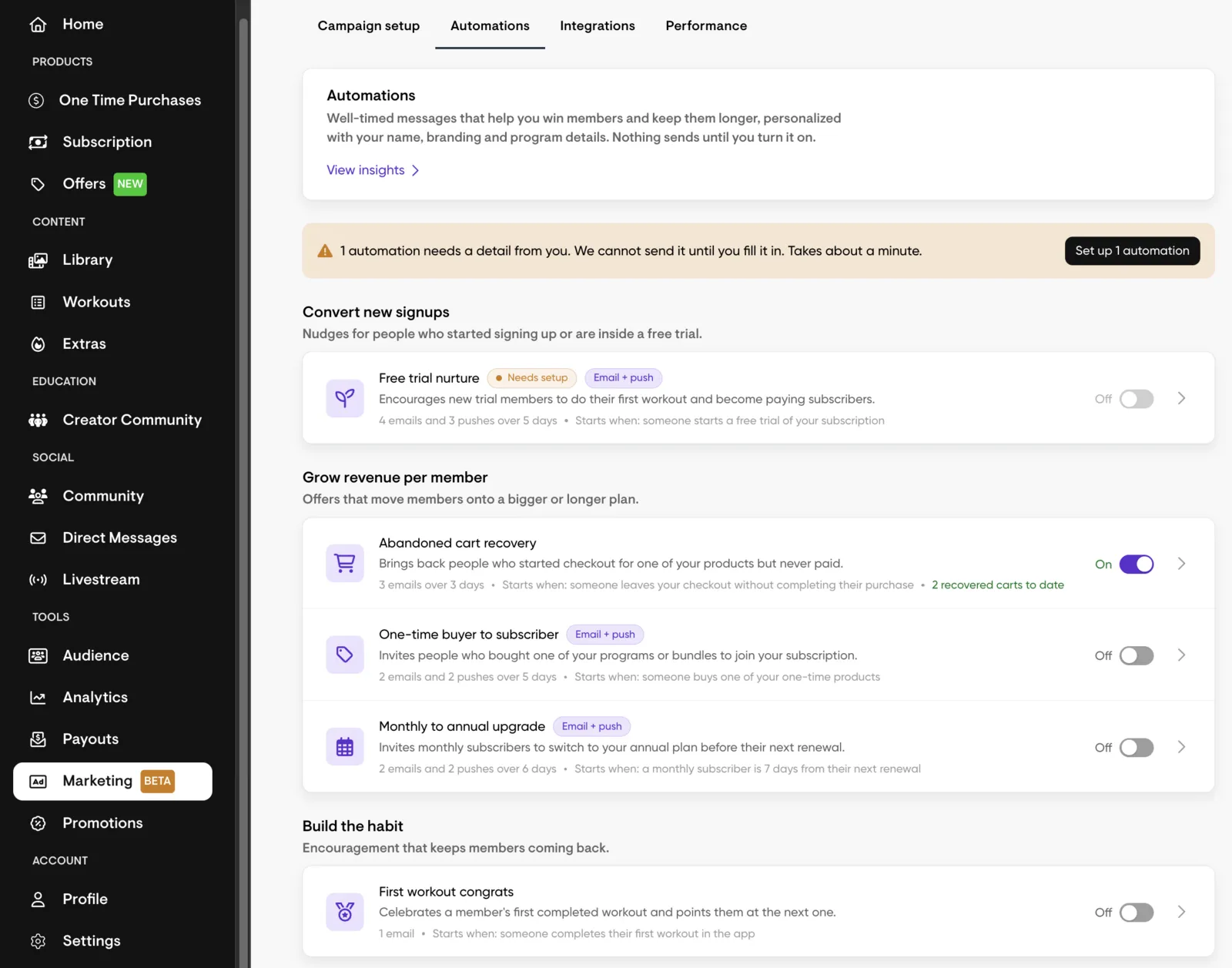 The Automations page in the Playbook Creator Dashboard, with Free trial nurture at the top under Convert new signups.