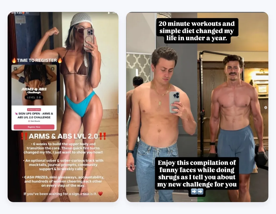 Two posts opening challenge sign-ups. Corri's Instagram story reads Time to register, with a register button for the Arms and Abs Level 2.0 challenge and a list of what's included. A post from Skye (dailyrepsguy) shows his before and after, captioned 20 minute workouts and simple diet changed my life in under a year, introducing his new challenge.