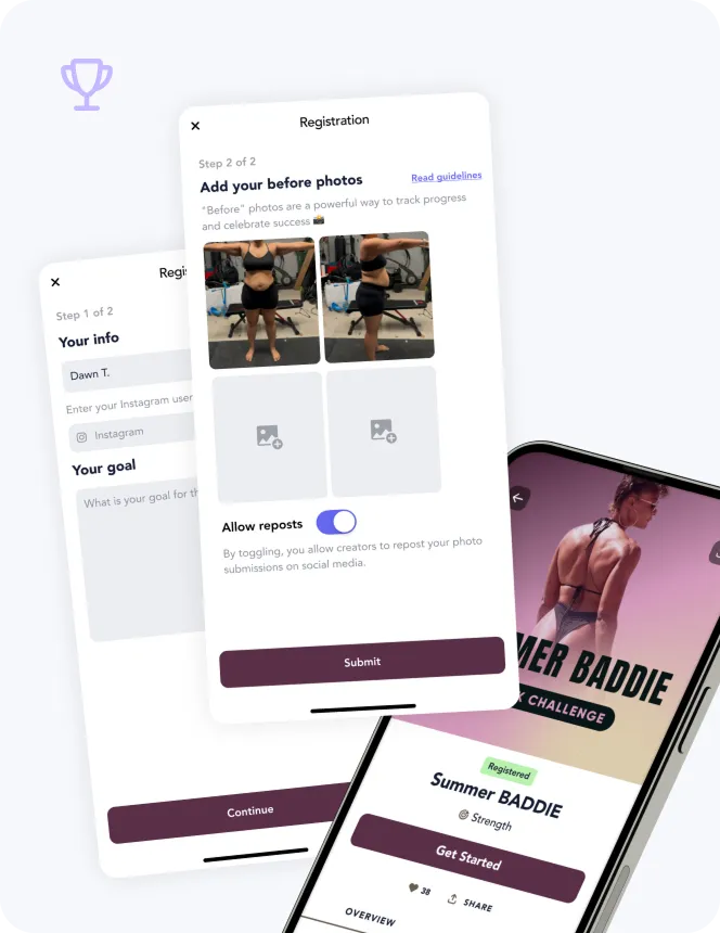 Challenge registration flow with before photos and a six-week challenge page