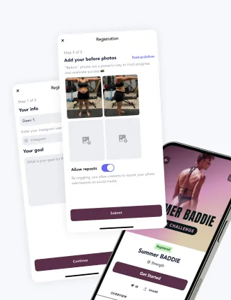 Challenge registration flow with before photos and a six-week challenge page