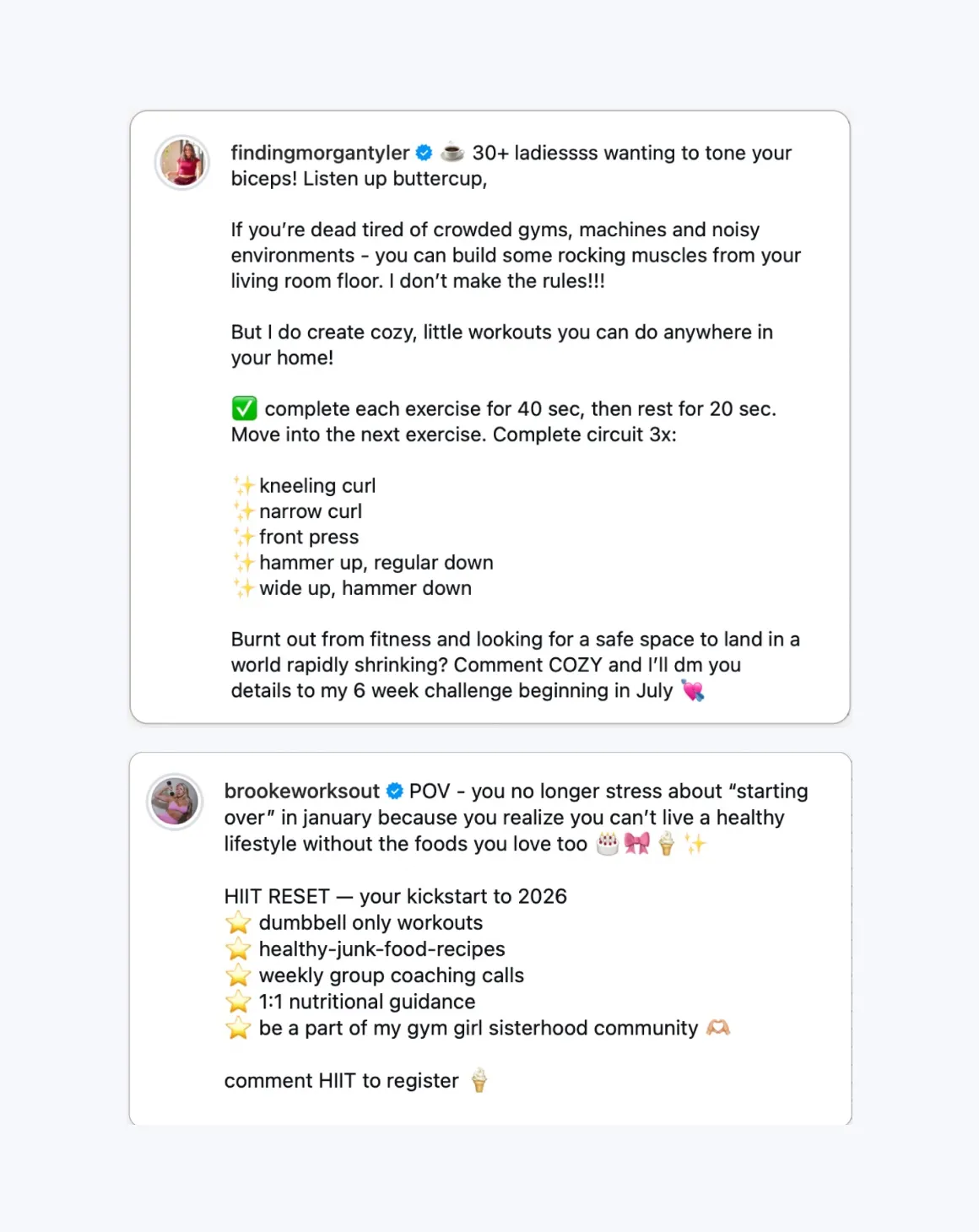 Two Instagram captions. Morgan Tyler's gives a full home bicep circuit and ends by asking people to comment COZY for details on her six-week challenge. Brooke's lists what's in her HIIT Reset and ends with comment HIIT to register.
