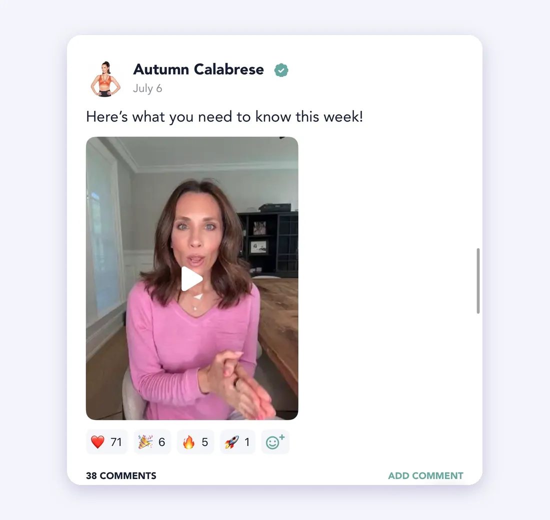 A video post in Autumn Calabrese's app community, captioned Here's what you need to know this week, with reactions and comments below it.