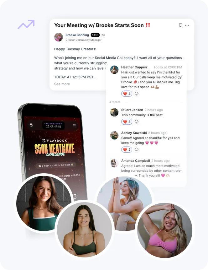 Playbook community call announcement, member comments, and a $50k challenge countdown screen