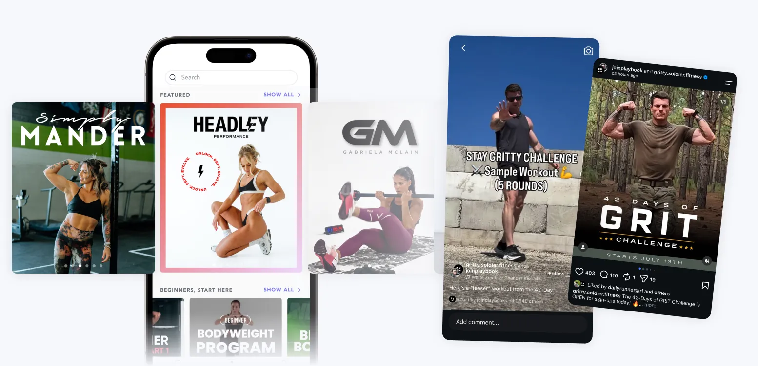 Playbook Discovery: a creator's programs and workouts surfaced in the Playbook app search and social feed