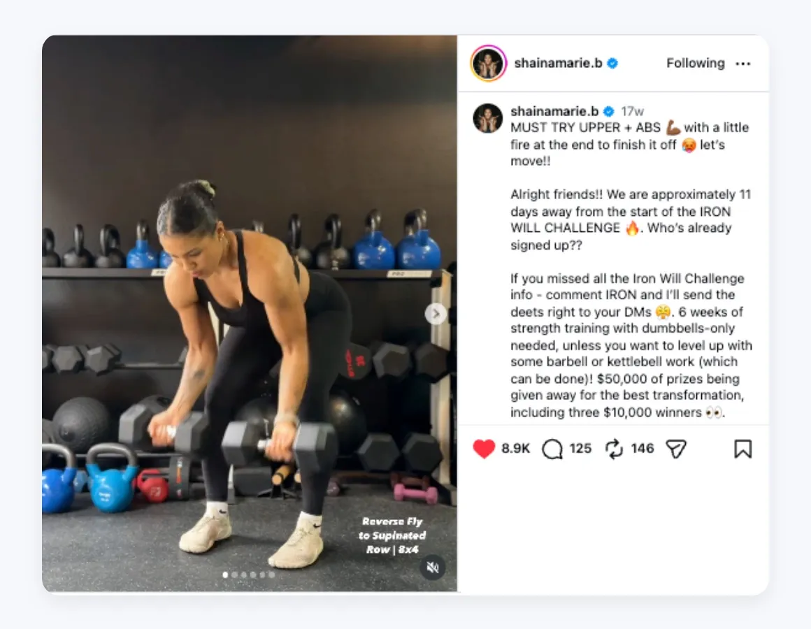 An Instagram post from shainamarie.b showing a dumbbell row. The caption shares a full upper body and abs workout, then asks people to comment IRON for details on her Iron Will Challenge.