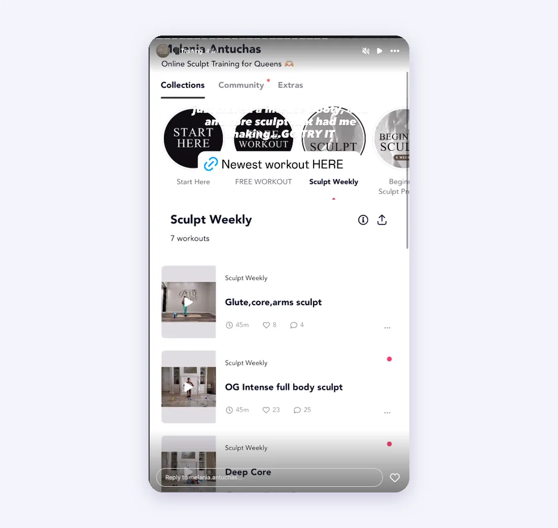 An Instagram story from melania.antuchas showing her Playbook app, Online Sculpt Training for Queens, with Start Here, Free Workout and Sculpt Weekly collections and a link sticker reading Newest workout HERE.