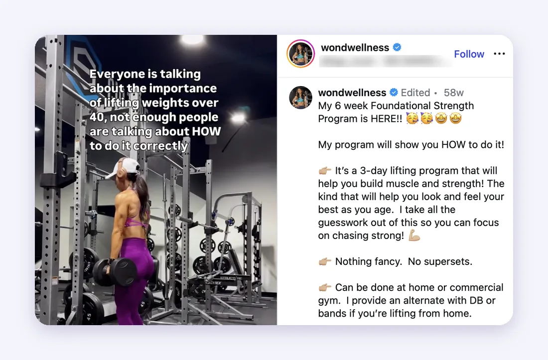 An Instagram reel from wondwellness holding dumbbells in a gym, with the text Everyone is talking about the importance of lifting weights over 40, not enough people are talking about HOW to do it correctly. The caption announces her 6 week Foundational Strength Program.
