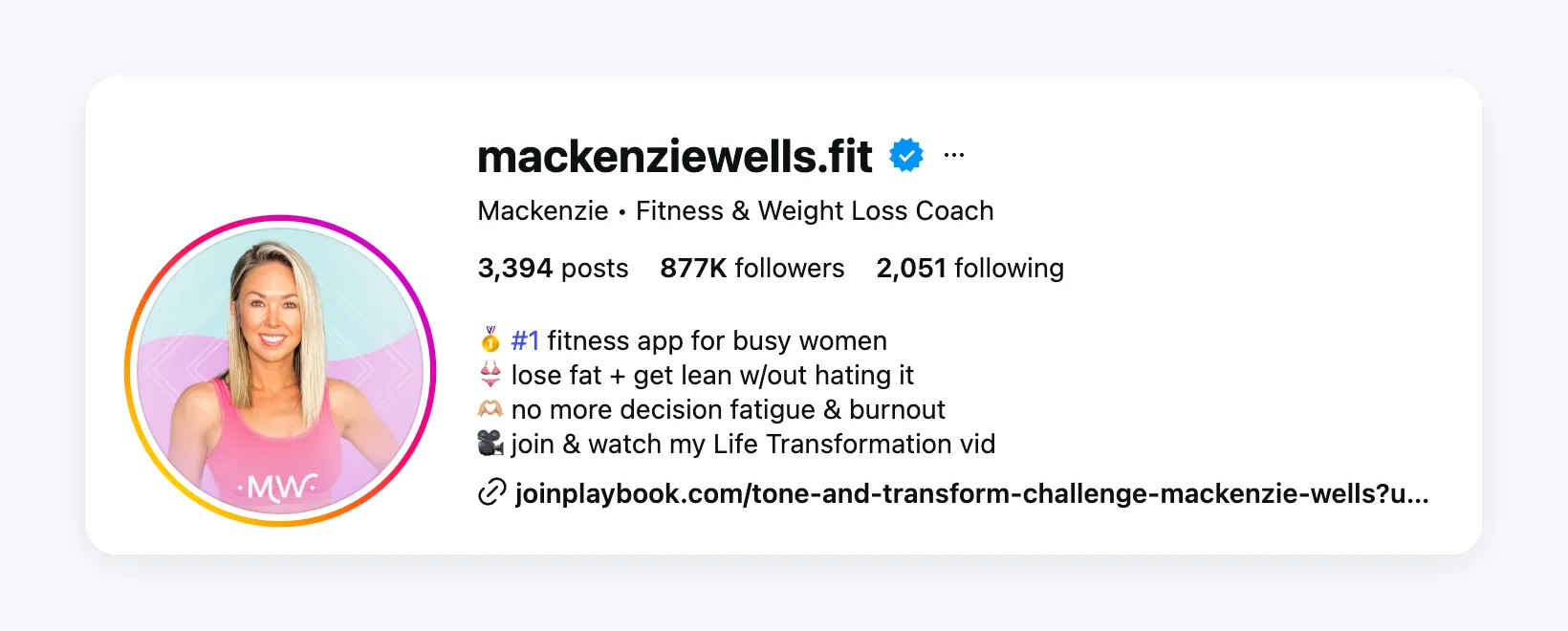 Mackenzie Wells's Instagram profile: her name line reads Fitness & Weight Loss Coach, four short bio lines say who her app is for and what it helps with, and a single link goes to her Playbook challenge.