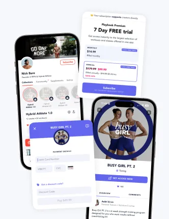 Playbook subscription checkout with 7-day free trial pricing and in-app payment screens