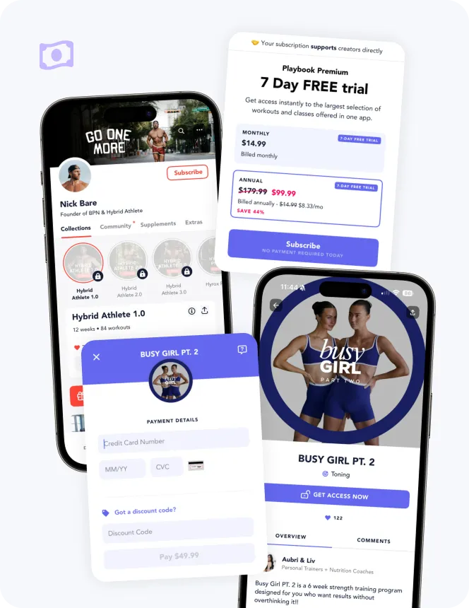 Playbook subscription checkout with 7-day free trial pricing and in-app payment screens