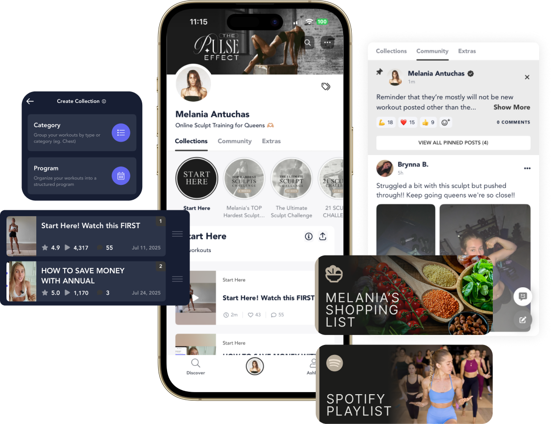 Playbook creator app screens: profile, collections, and community posts