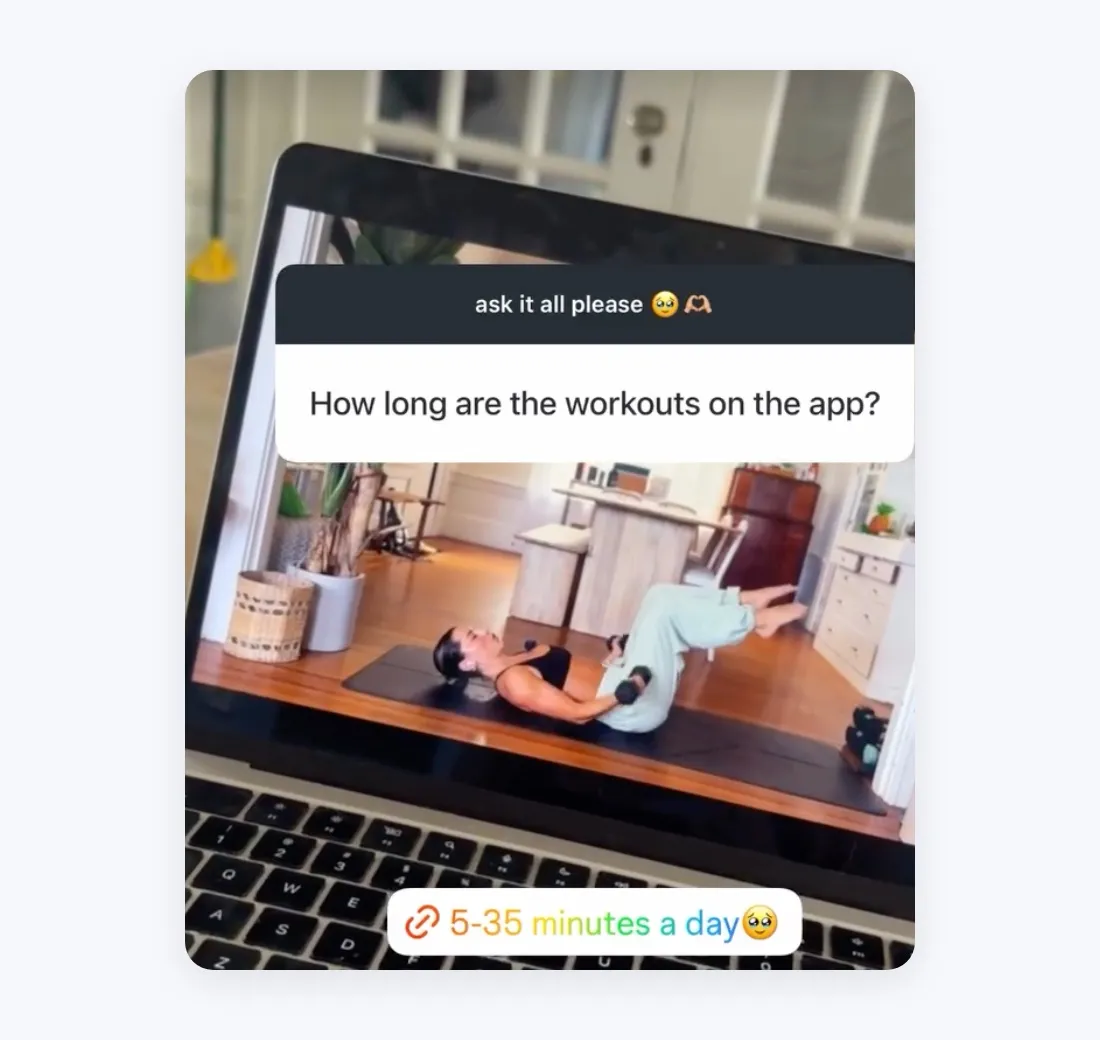 An Instagram story showing a workout video on a laptop, with a question sticker asking how long the workouts on the app are, answered by a link sticker reading 5-35 minutes a day.
