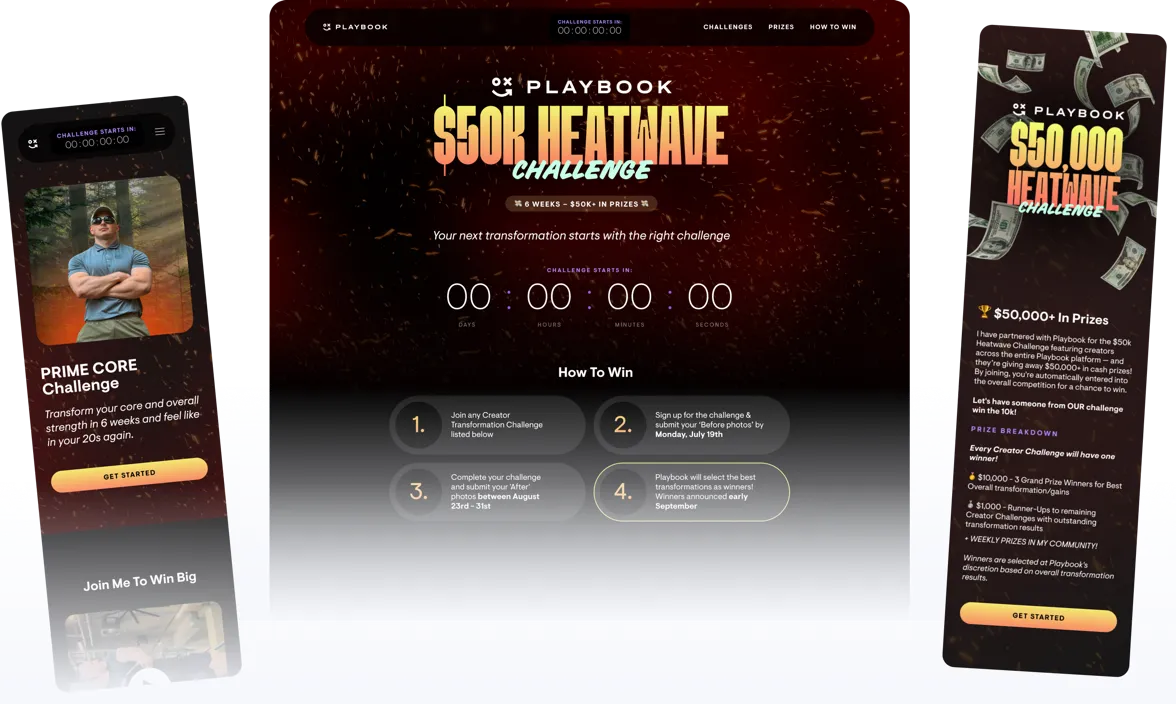 Playbook Quarterly Challenge: a creator's challenge landing page and phone screens for the $50k Heatwave Challenge
