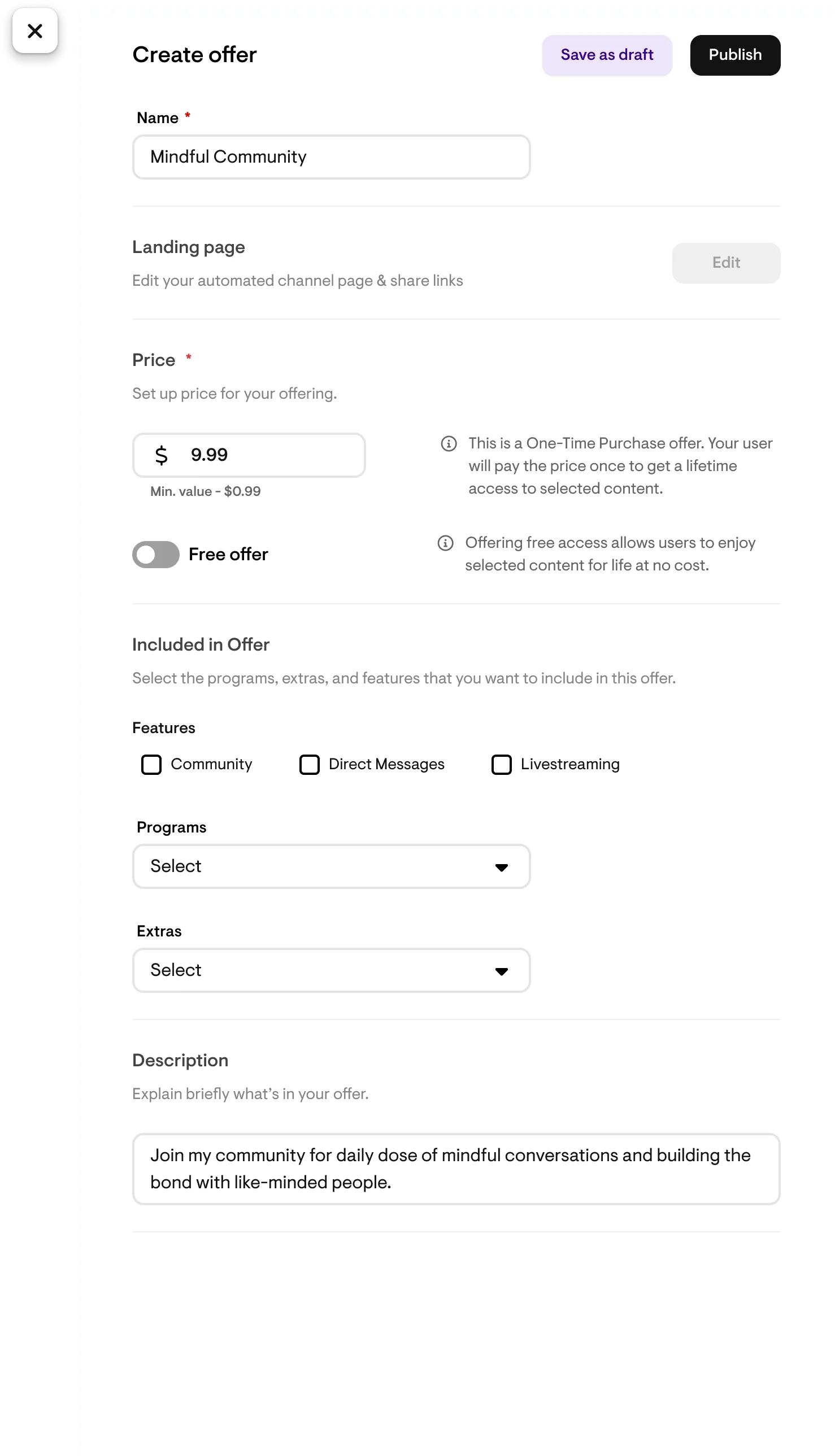 The Offers screen in the Playbook creator dashboard with the free toggle enabled.