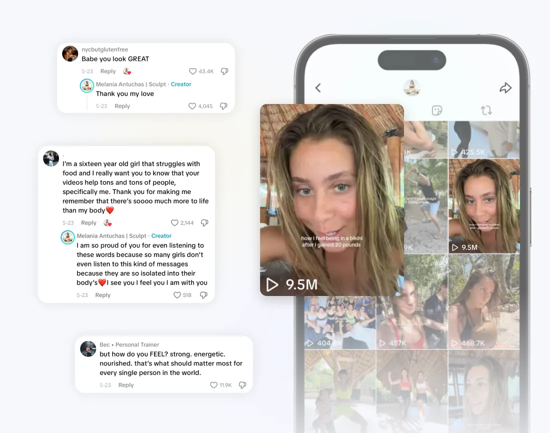 Comments on Melania's viral TikTok videos, next to her video grid on the app
